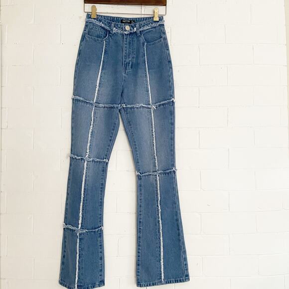 NASTY GAL High Waisted Exposed Seam Patchwork Flare Jeans 2 - Picture 3 of 10